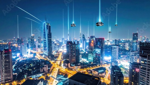 Wallpaper Mural Futuristic Cityscape with Drones and Light Beams at Night Torontodigital.ca