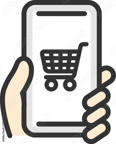 スマホでショッピングするアイコン（線画カラー）のイラスト