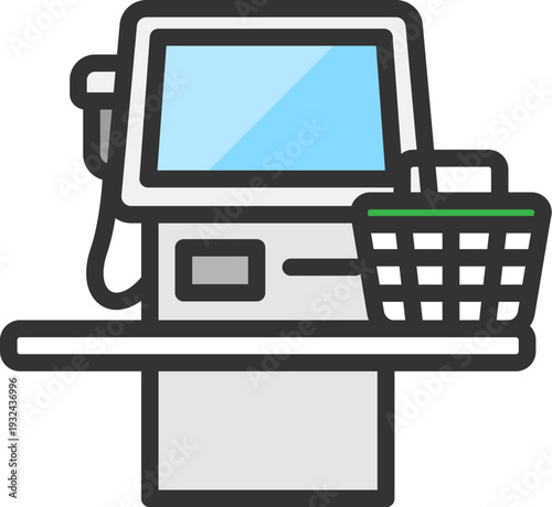 セルフレジと買い物かごのアイコン（線画カラー）のイラスト