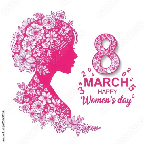 A bright pink silhouette of a woman's head and shoulders with flowers, celebrating women's day on march 8th. isolated on white background