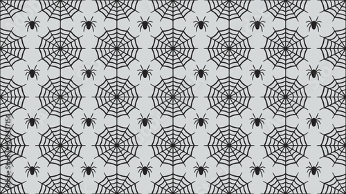 A seamless pattern of black spider webs and spiders on a white background for Halloween or spooky designs