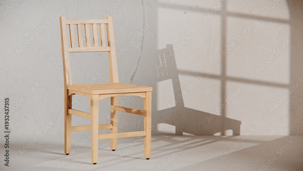 Fototapeta premium Regular dining chair with vertical slat backrest and sturdy frame. Perfect for furniture catalogs, product visualization, interior design projects, and modern decor presentations.