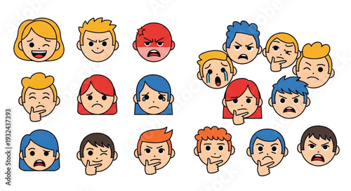 Diverse collection of cartoon faces expressing various human emotions and feelings.