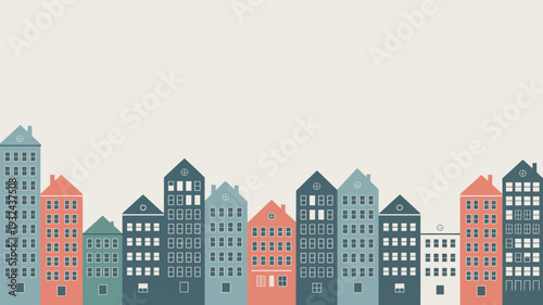 A colorful illustration of a row of houses in a vibrant urban setting with a clear sky