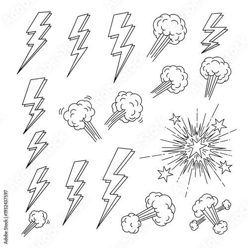 Collection of hand drawn lightning bolts and comic spark sketches