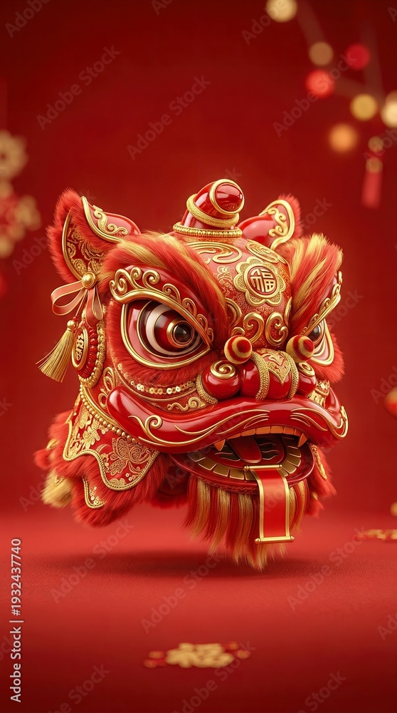 Obraz premium lion dance mascot with gold accents, glossy texture, red background, soft studio lighting, festive 3D render, high resolution, minimalist