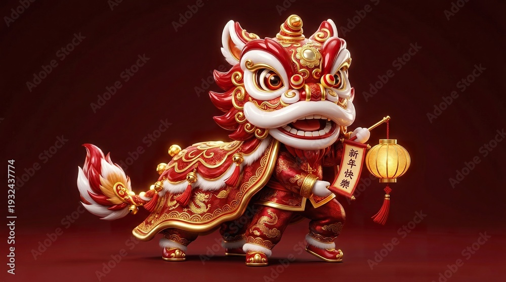 Fototapeta premium lion dance mascot with gold accents, glossy texture, red background, soft studio lighting, festive 3D render, high resolution, minimalist