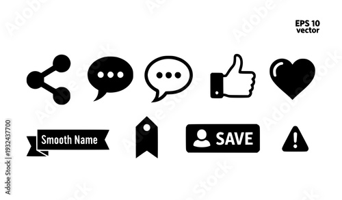 Minimal Black Share Comment Like Love Heart Save and Profile Name Icons Vector Illustration Collection EPS 10 on White Background