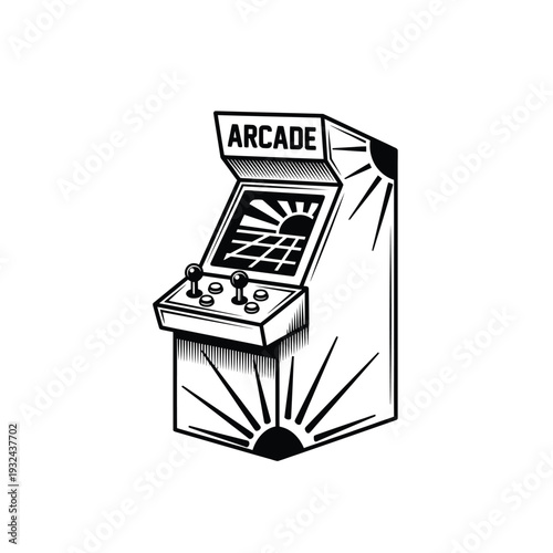 Vintage arcade game machine illustration with a radiant burst effect