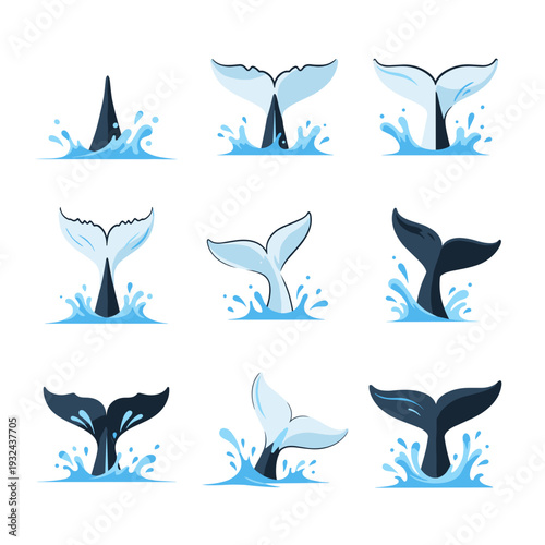 Collection of whale tail splashes and flukes in various blue poses