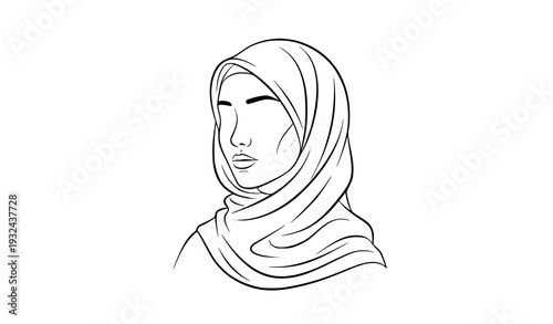 Minimal Black and White Line Art Muslim Woman in Hijab Islam Religion Icon Vector Design on White Background