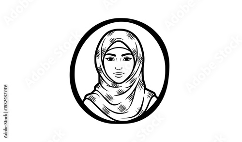 Hand Drawn Black and White Muslim Woman Wearing Hijab Religious Sketch Icon Vector Illustration Isolated on White Background