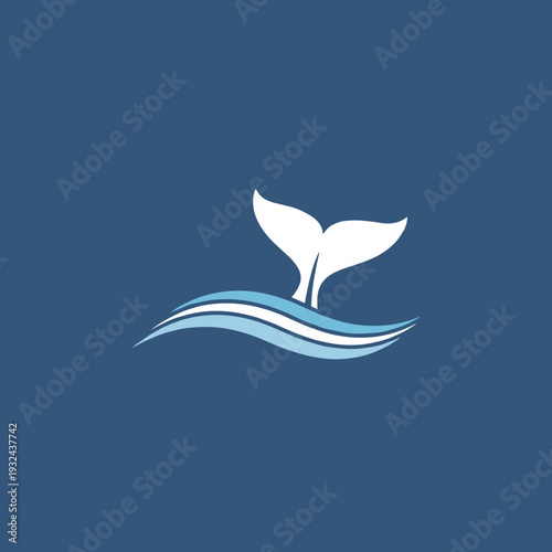 Minimalist white whale tail logo over stylized blue ocean waves