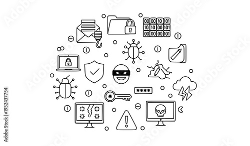 Phishing Risk and Data Ransomware Outline Icons Hacker Virus Secure System Vector Collection on White Background EPS 10