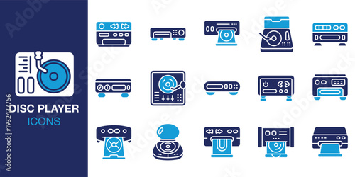Disc Player icon set. Containing audio, video, entertainment, stereo, speaker, home and more. Solid vector icons collection. Vector illustration.