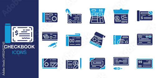 Checkbook icon set. Containing account, signature, transaction, deposit, withdrawal and more. Solid vector icons collection. Vector illustration.