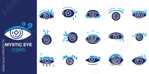 Mystic Eye icon set. Containing insight, prophecy, oracle, symbol, sigil, rune, aura and more. Solid vector icons collection. Vector illustration.