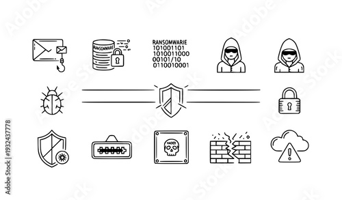 Cyber Crime and Safe Password Line Icon Set Malware Bug Hacker Skull Data Phishing Vector Illustration EPS 10 on White BackgroundCyber Crime and Safe Password Line Icon Set Malware Bug Hacker Skull Da
