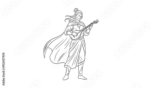 Minimal Black Line Bard Tattoo Design Fantasy Musician Sketch Vector Illustration on White Background