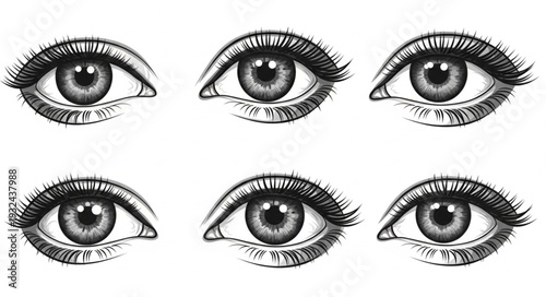 Detailed illustration of six human eyes with various expressions and shapes, artistic drawing.