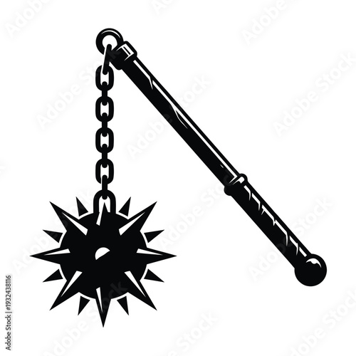 A stylized black silhouette of a medieval flail weapon