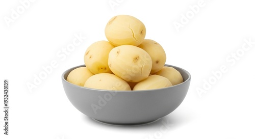 Peeled Baby Potatoes Stacked in Grey Bowl Isolated on White Background