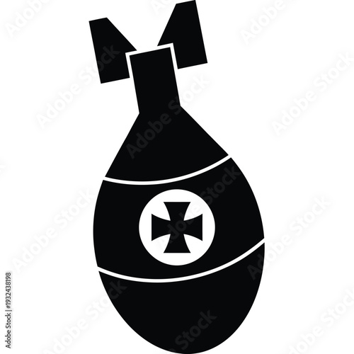 A black silhouette of a classic hand grenade with a pin and cross