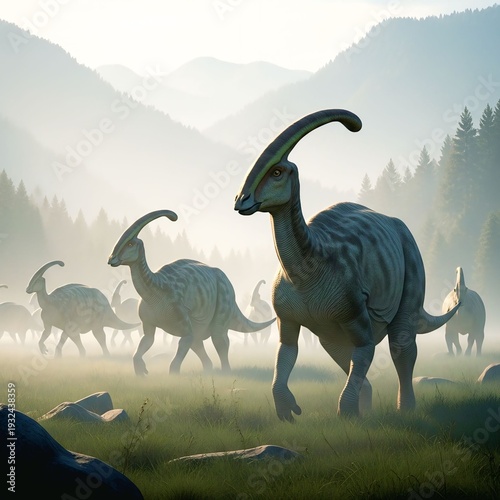 Parasaurolophus Herd in Misty Prehistoric Valley