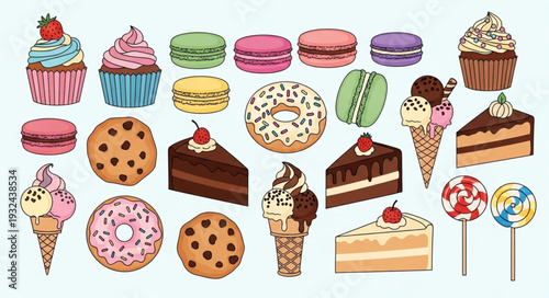 Delicious assortment of various desserts, including cupcakes, cookies, and ice cream cones, perfect for any sweet tooth.