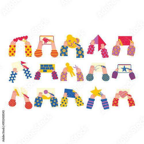 Creative children's art and craft activity collection and handmade hobby illustration set. Vibrant flat vector graphics for educational worksheets, preschool branding, and DIY workshop flyers.