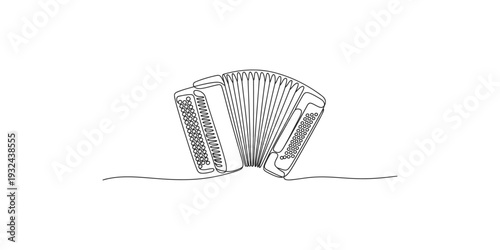 A simple black and white line art illustration of an accordion, showcasing its bellows and keys