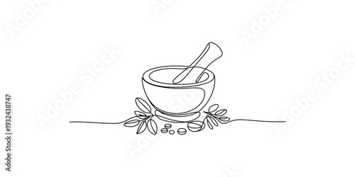 A simple continuous line art drawing of a mortar and pestle with natural herbs and ingredients.