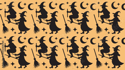 A vibrant Halloween pattern featuring black silhouettes of witches and moons on an orange background