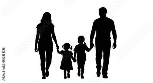 Family of four holding hands and walking together in a serene environment from a distant viewpoint