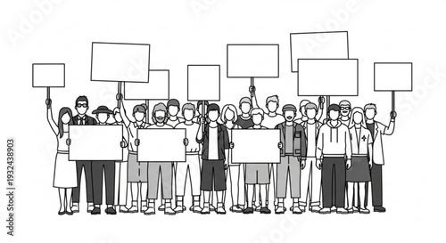 Diverse group of people holding blank signs together in protest or demonstration scene viewed from the front