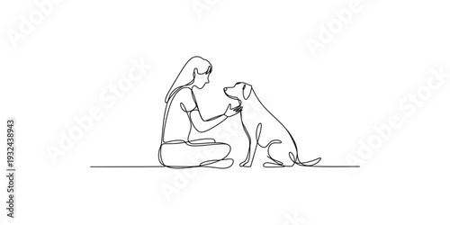 A minimalist continuous line drawing depicts a person sitting and gently interacting with a dog on a white background