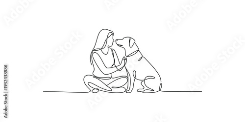 Continuous line art depicting a woman sitting cross-legged with her dog in an affectionate moment.