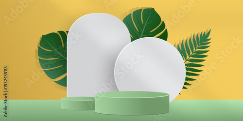 Tropical banners, poster, cards set with Creative compositions of podium palm leaves and branches nature. Abstract botanical  seamless pattern design templates with copy space for text.