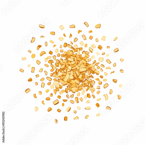 Pile of small golden brown cereal pieces on white background.