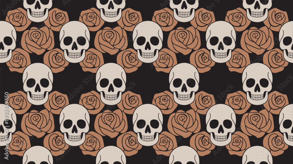 Obraz premium A vibrant pattern of skulls and roses on a black background with a dramatic and serene contrast of death and beauty