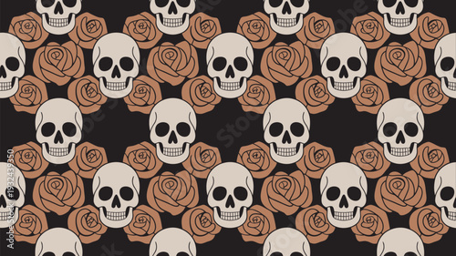 A vibrant pattern of skulls and roses on a black background with a dramatic and serene contrast of death and beauty