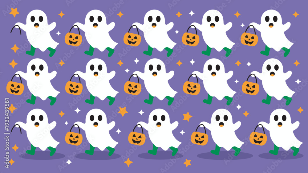 Naklejka premium A playful Halloween pattern featuring cartoon ghosts, jack-o-lanterns, and stars on a purple background.