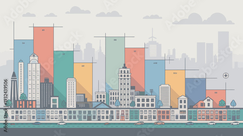 A vibrant cityscape with colorful buildings and a serene sky