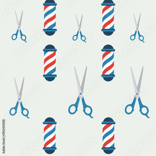 Seamless pattern of vintage barber poles and scissors