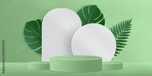 Tropical banners, poster, cards set with Creative compositions of podium palm leaves and branches nature. Abstract botanical  seamless pattern design templates with copy space for text.