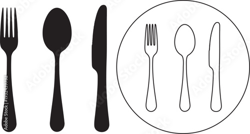 Cutlery set fork spoon knife black outline in circle