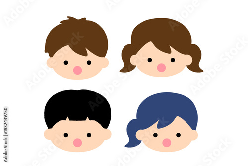 驚きや食事の表情をしたかわいい子供の顔アイコンセット 男の子と女の子のフラットベクターイラスト