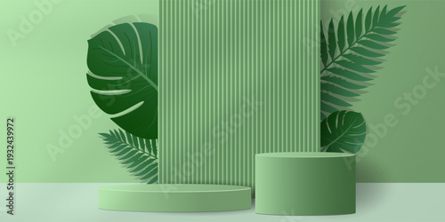 Tropical banners, poster, cards set with Creative compositions of podium palm leaves and branches nature. Abstract botanical  seamless pattern design templates with copy space for text.