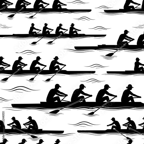 Seamless pattern of rowers in boats silhouettes on white