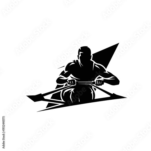 Black silhouette of a single rower in a boat on white